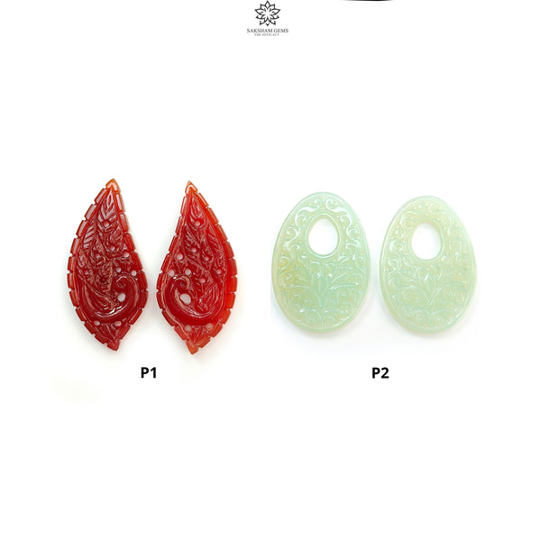 Orange, Green Onyx Gemstone Carving: Natural Color Enhanced Onyx Hand Carved Fancy, Egg Shapes Pair for Jewelry July Birthstone