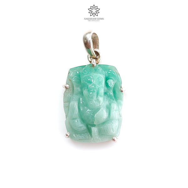 Emerald Ganesha Carving Silver Pendant 6gms