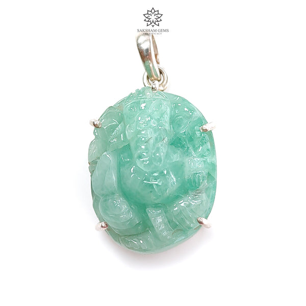 Emerald Ganesha Carving Silver Pendant 9.06gms