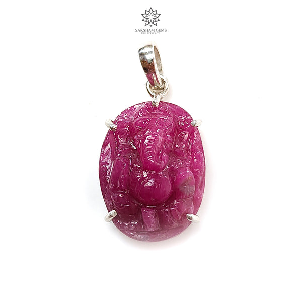 Ruby Ganesha Carving Silver Pendant 7.75gms