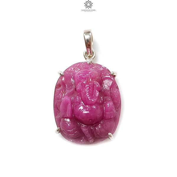 Ruby Ganesha Carving Silver Pendant 10gms