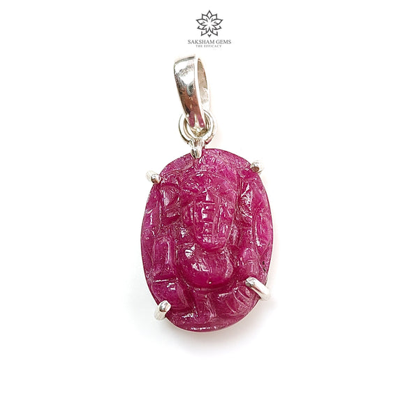 Ruby Ganesha Carving Silver Pendant 3.82gms