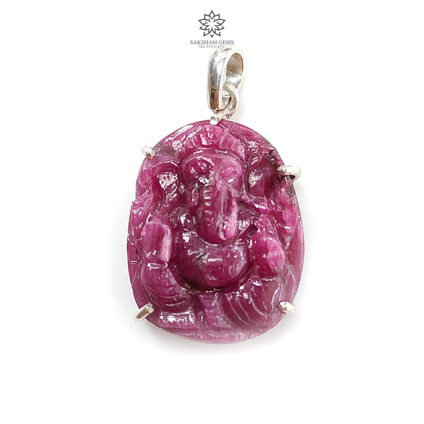 Ruby Ganesha Carving Silver Pendant 7.6gms