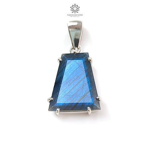 Blue Labradorite Faceted Pendant: 5.76gms Natural Untreated Labradorite Trapezium Fancy Cut 925 Sterling Silver Prong Set Pendant 1.30