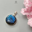 Blue Labradorite Silver Pendant: 8.81gms Natural Untreated Labradorite Round Carving 925 Sterling Silver Bezel Set Pendant 1.20"