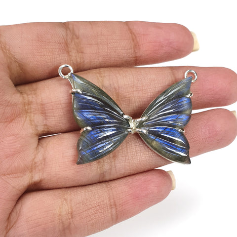 Blue Labradorite Silver Pendant: 7.7gms Natural Untreated Labradorite Butterfly Carving 925 Sterling Silver Prong Set Pendant 1.40