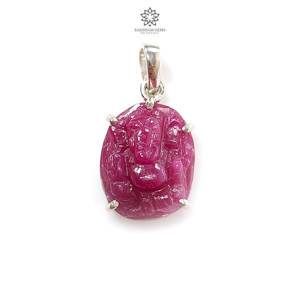 Ruby Ganesha Carving Silver Pendant 4.43gms