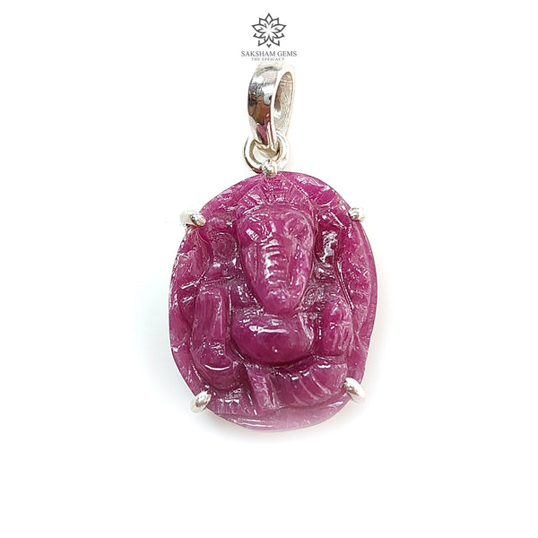 Ruby Ganesha Carving Silver Pendant 5.55gms