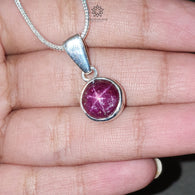 Star Ruby Silver Pendant: 3.35gms Natural Untreated Star Ruby Round Shape Cabochon 925 Sterling Silver Bezel Set Pendant 1