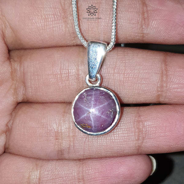 Star Ruby Silver Pendant: 4.24gms Natural Untreated Star Ruby Round Shape Cabochon 925 Sterling Silver Bezel Set Pendant 1"