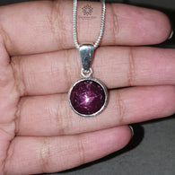 Star Ruby Silver Pendant: 4.45gms Natural Untreated Star Ruby Round Shape Cabochon 925 Sterling Silver Bezel Set Pendant 1