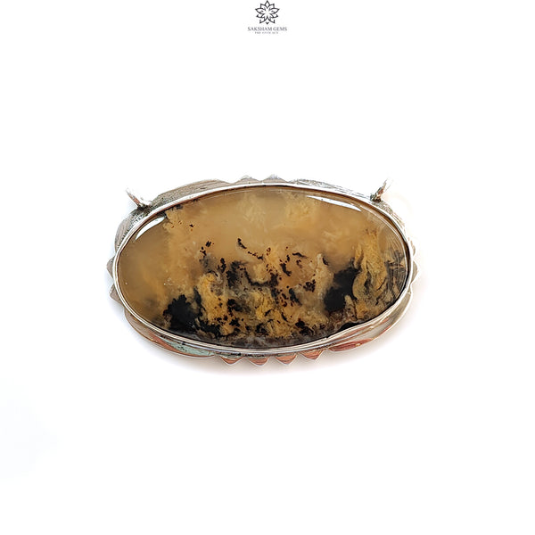 Tiger Dendrite Agate Plain Silver Pendant: 12.10gms Natural Untreated Bi-Color Agate Oval 925 Sterling Silver Bezel Set Pendant 1.85"