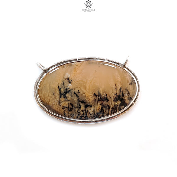 Tiger Dendrite Agate Plain Silver Pendant: 14.61gms Natural Untreated Bi-Color Agate Oval 925 Sterling Silver Bezel Set Pendant 2.00"