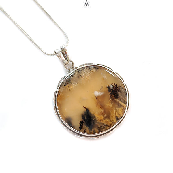 Tiger Dendrite Agate Plain Silver Pendant:14.66gms Natural Untreated Bi-Color Agate Round 925 Sterling Silver Bezel Set Pendant 2.00"