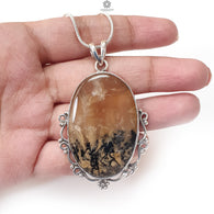 Tiger Dendrite Agate Plain Silver Pendant:16.88gms Natural Untreated Bi-Color Agate Oval 925 Sterling Silver Bezel Set Pendant 2.40