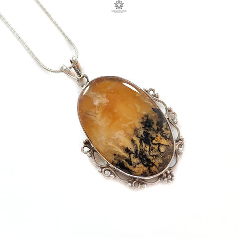 Tiger Dendrite Agate Plain Silver Pendant:16.88gms Natural Untreated Bi-Color Agate Oval 925 Sterling Silver Bezel Set Pendant 2.40