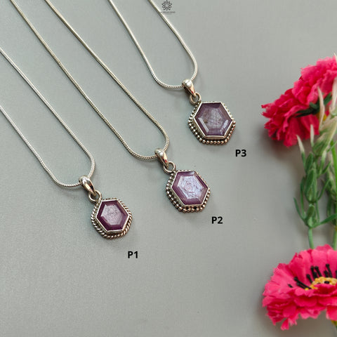 Raspberry Purple Ruby Faceted Silver Pendant: Natural Untreated Sheen Ruby Hexagon Normal Cut 925 Sterling Silver Bezel Set Pendant