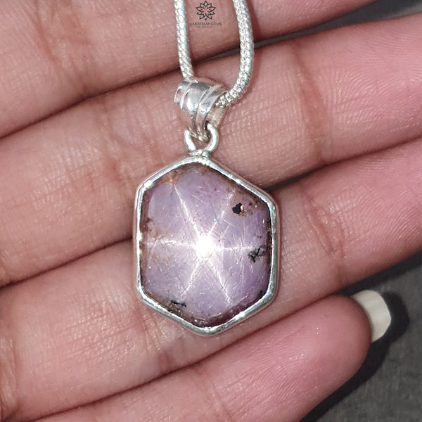 Star Ruby Silver Pendant: 4.05gms Natural Untreated Both Side Star Ruby Hexagon Plain Briolette 925 Sterling Silver Bezel Set Pendant 1.30"
