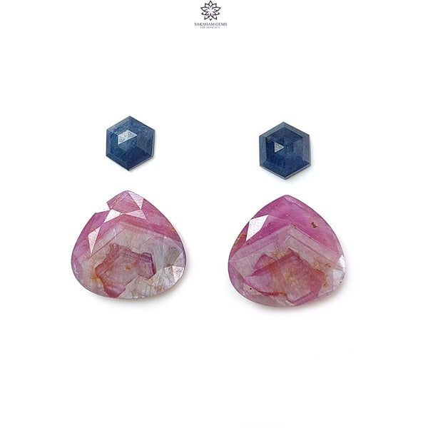 Raspberry Pink, Blue Sapphire Gemstone Faceted Cut: 26.30cts Natural Untreated Sapphire Heart, Hexagon Shape 9*8mm - 18*16mm 4pcs Set