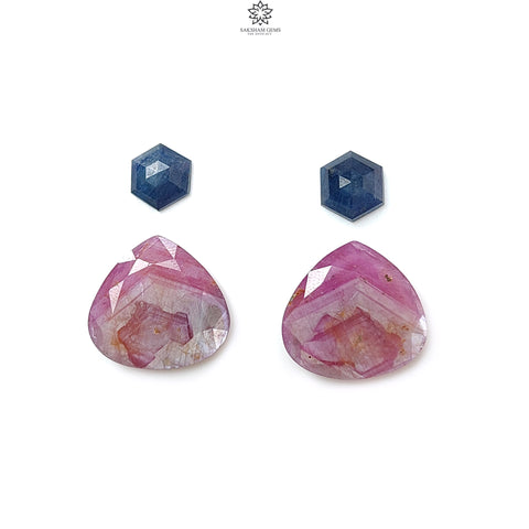 Raspberry Pink, Blue Sapphire Gemstone Faceted Cut: 26.30cts Natural Untreated Sapphire Heart, Hexagon Shape 9*8mm - 18*16mm 4pcs Set