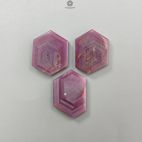 Rosemary Pink Sapphire Gemstone Flat Slices: 89.00cts Natural Untreated Sheen Sapphire Hexagon Shape 27*20mm - 28*19mm 3pcs Set for Jewelry