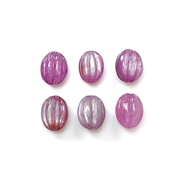 Pink Sapphire Gemstone Carving: 25.30cts Natural Untreated Sapphire Hand Carved Oval Shape 10*8mm 6pcs Set For Jewelry September Birthstone