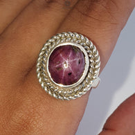 Star Ruby Silver Ring: 9gms. Natural Star Ruby Untreated Cabochon Oval Shape 925 Sterling Silver Bezel Set Adjustable Ring