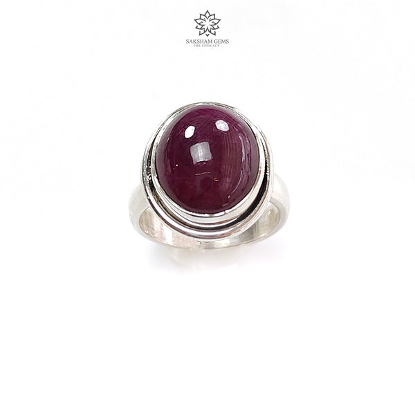 Red Ruby Silver Ring: 6.72gms. Natural Ruby Untreated Cabochon Oval Shape 925 Sterling Silver Bezel Set Ring 6 US