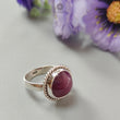 Red Ruby Silver Ring: 7.6gms. Natural Ruby Untreated Cabochon Round Shape 925 Sterling Silver Bezel Set Ring 8 US