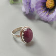 Red Ruby Silver Ring: 7.81gms. Natural Ruby Untreated Cabochon Round Shape 925 Sterling Silver Bezel Set Ring 8 US