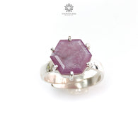 Raspberry Pink Sapphire Silver Faceted Ring: 3.93gms Natural Untreated Sapphire Hexagon Shape 925 Sterling Silver Prong Set Adjustable Ring