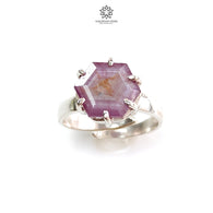 Raspberry Pink Sapphire Silver Faceted Ring: 4.36gms Natural Untreated Sapphire Hexagon Shape 925 Sterling Silver Prong Set Adjustable Ring