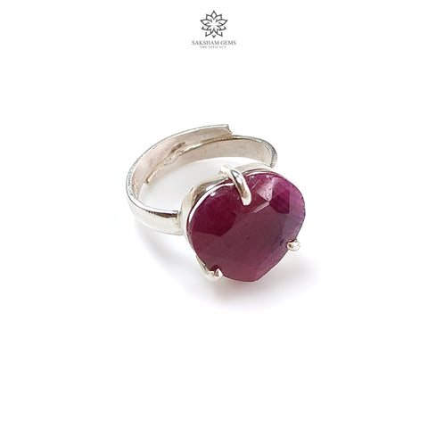 Red Ruby Silver Faceted Ring: 5.72gms Natural Untreated Ruby Heart Shape 925 Sterling Silver Prong Set Adjustable Ring