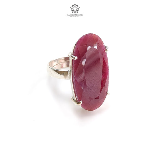 Red Ruby Silver Faceted Ring: 10.1gms Natural Untreated Ruby Oval Shape 925 Sterling Silver Prong Set Adjustable Ring