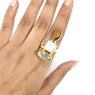 Handmade Cocktail Ring: 7.64gms Gold Plated Natural Multi Color Gemstone Boho Style Dainty Marquise Shape Adjustable Ring Gift For Her