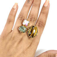 Handmade Cocktail Ring: 11.01gms Gold Plated Natural Multi Color Gemstone Boho Style Dainty Oval Shape Adjustable Ring Gift For Her