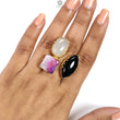 Handmade Cocktail Ring: 11.54gms Gold Plated Natural Multi Color Gemstone Boho Style Dainty Marquise Oval Shape Adjustable Ring Gift For Her