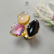 Handmade Cocktail Ring: 11.54gms Gold Plated Natural Multi Color Gemstone Boho Style Dainty Marquise Oval Shape Adjustable Ring Gift For Her