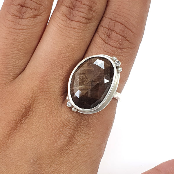 Golden Chocolate Sapphire Faceted Silver Ring: 7.72gms Natural Untreated Sapphire Fancy Rose Cut 925 Sterling Silver Bezel Set Ring 7 US