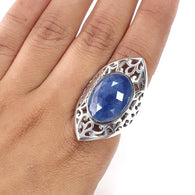 Blue Sapphire Faceted Silver Ring: 12.89gms Natural Untreated Sapphire Oval Rose Cut 925 Sterling Silver Bezel Set Ring 6.5 US