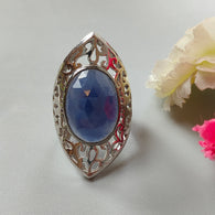 Blue Sapphire Faceted Silver Ring: 12.89gms Natural Untreated Sapphire Oval Rose Cut 925 Sterling Silver Bezel Set Ring 6.5 US