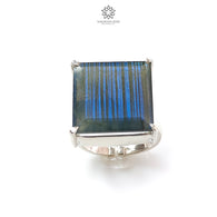 Blue Labradorite Silver Faceted Ring: 6.57gms Natural Untreated Labradorite Square Fancy Cut 925 Sterling Silver Prong Set Adjustable Ring