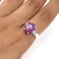 Raspberry Purple Ruby Sugar Loaf Ring: 4.76gms Natural Untreated Sheen Ruby Cabochon 925 Sterling Silver Prong Set Adjustable Ring