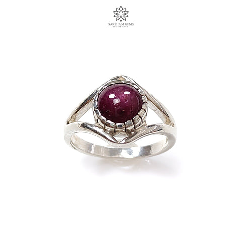 Star Ruby Silver Ring: 4.18gms Natural Star Ruby Untreated Cabochon Round Shape 925 Sterling Silver Bezel Set 7 US Ring