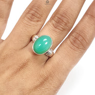 Green Chrysoprase Cabochon Silver Ring: 5.87gms Natural Untreated Chrysoprase Oval Shape Plain 925 Sterling Silver Bezel Set Ring 7.5 US