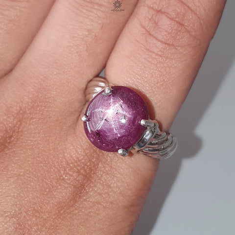 Star Ruby Silver Ring: 7.98gms Natural Untreated Star Ruby Oval Shape Cabochon 925 Sterling Silver Prong Set 8 US Ring | July Birthstone