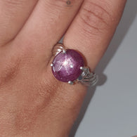 Star Ruby Silver Ring: 7.98gms Natural Untreated Star Ruby Oval Shape Cabochon 925 Sterling Silver Prong Set 8 US Ring | July Birthstone