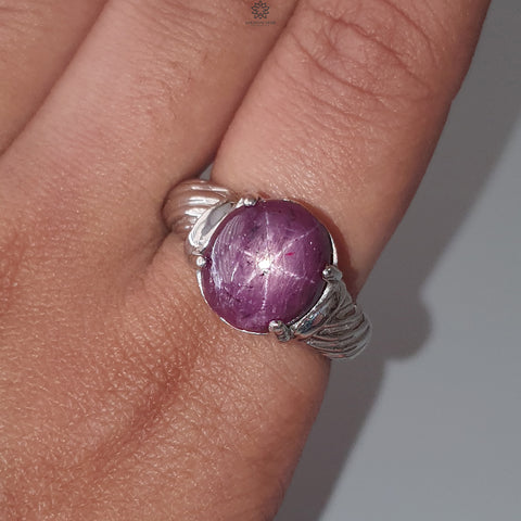 Star Ruby Silver Ring: 8.13gms Natural Untreated Star Ruby Oval Shape Cabochon 925 Sterling Silver Prong Set 7.85 US Ring | July Birthstone