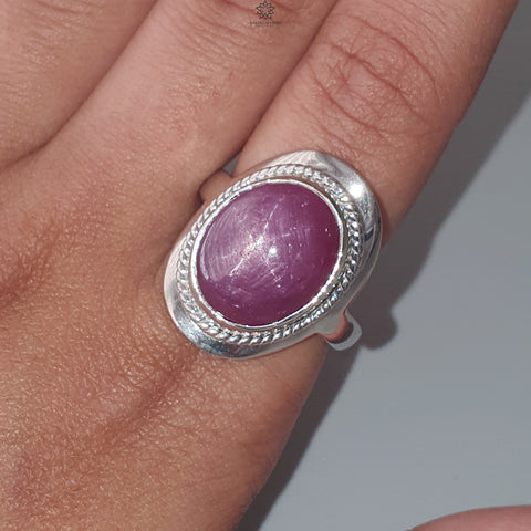 Star Ruby Silver Ring: 8.37gms Natural Untreated Star Ruby Oval Shape Cabochon 925 Sterling Silver Bezel Set 10 US Ring | July Birthstone