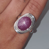 Star Ruby Silver Ring: 8.37gms Natural Untreated Star Ruby Oval Shape Cabochon 925 Sterling Silver Bezel Set 10 US Ring | July Birthstone